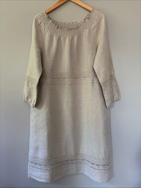 J. Jill Love Linen Crochet Lace Dress Small Natural Beige Tan‎ Boho Cottagecore